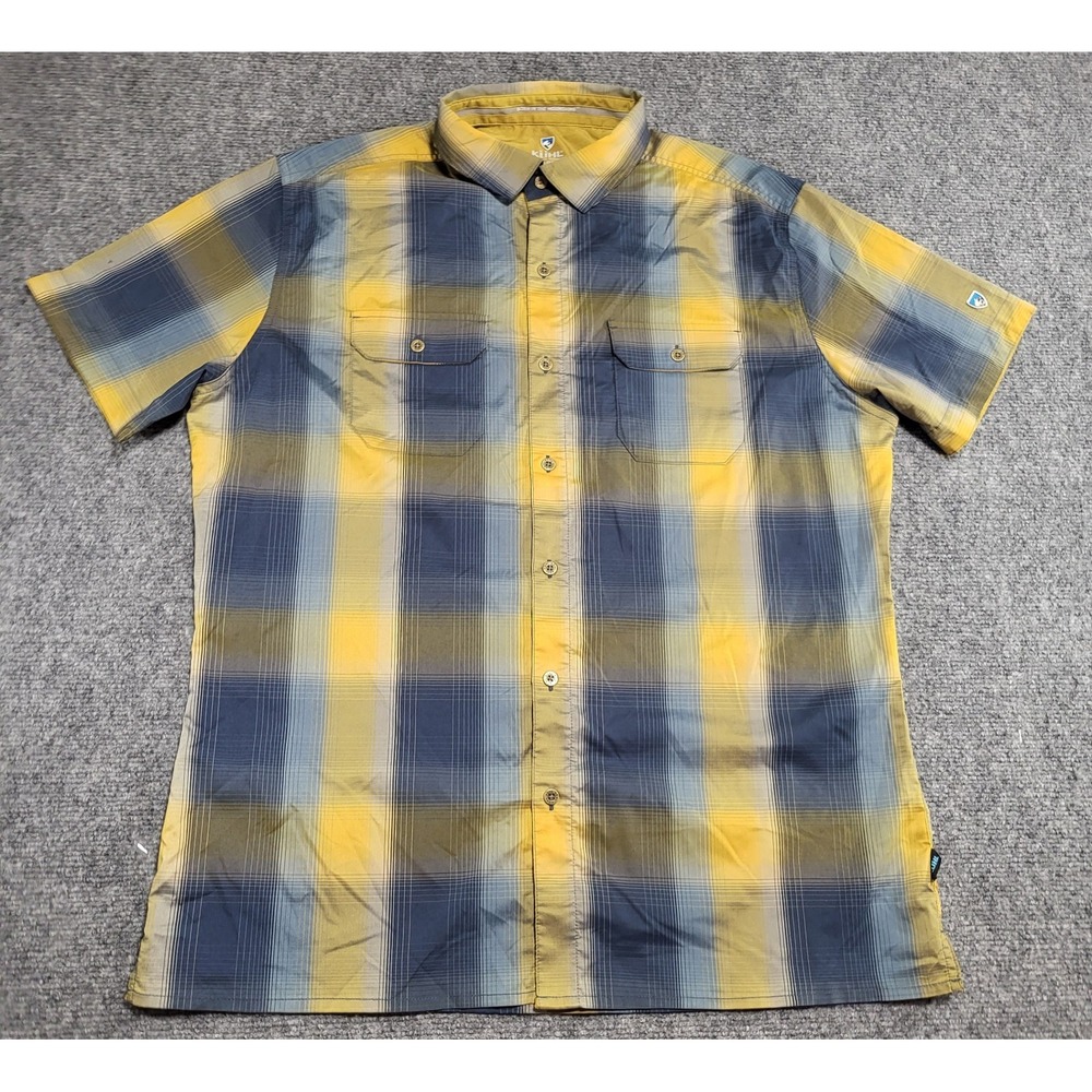 KUHL Response Starry Night Blue & Yellow Plaid Short Sleeve Men's Size Large
